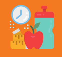 Exersizing waterbottle, apple, and a clock.
